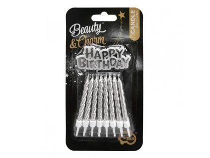 Svíčky dortové 6cm 16 stříbrné + nápis "Happy Birthday