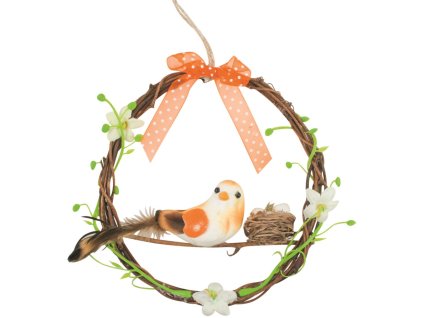 Věnec s ptáček a s hnízdem 14 cm na zavěšení