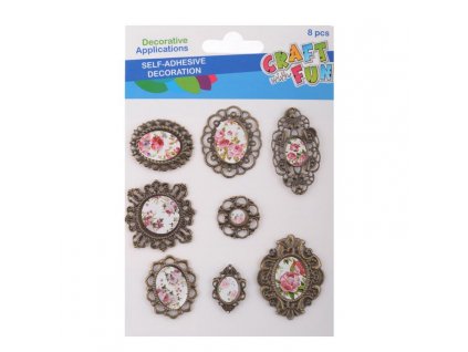 Nálepky kovové Brož s růží 8ks, různé velikosti