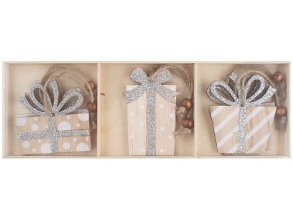 Dřevěné dárky na zavěšení stříbrné glitry 8 cm, 6 ks v krabičce