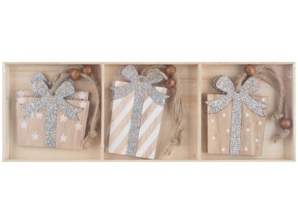 Dřevěné dárky na zavěšení stříbrné glitry 8 cm, 6 ks v krabičce