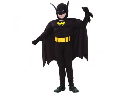 Batman kostým (kombinéza se svaly, pásek, pláštěnka s kapucí), velikost 120/130 cm