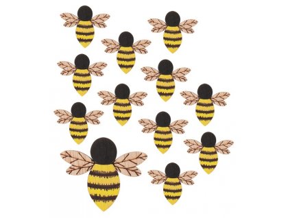 Včela dřevěná s lepíkem 4 cm, 12 ks v sáčku