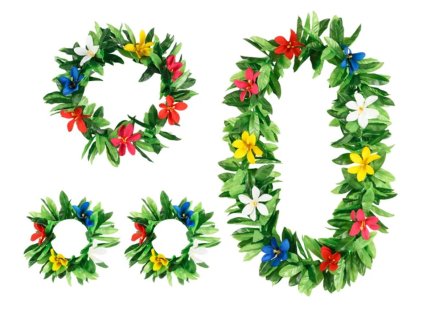 Havajský set, univerzální velikost pro dospělé. Sada obsahuje náhrdelník, čelenku a 2 náramky. Doplňky ze zelených látkových lístků