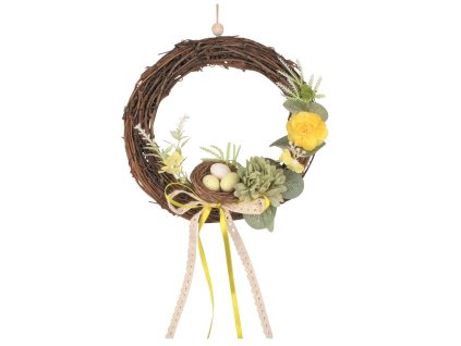 Věnec s dekoracemi a hnízdem 20 cm, žlutá stuha
