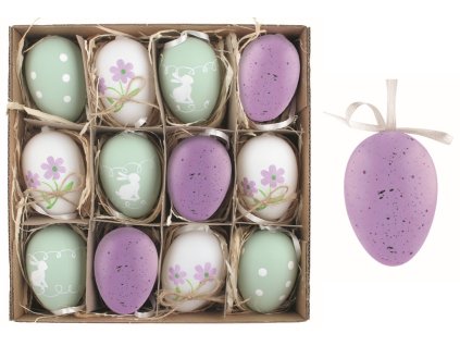 Sada velikonočních plastových vajec Levandule 6 cm na zavěšení, 12 ks v krabičce