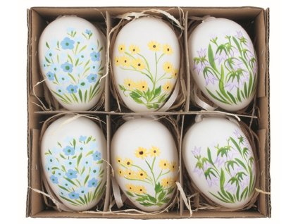 Sada velikonočních plastových vajec malované Kvítí 6 cm na zavěšení, 6 ks v krabičce
