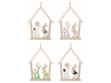 Domek se zajícem dřevěný 13,5 x 17 x 0,5 cm na zavěšení
