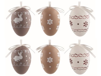Velikonoční vejce plastová Hnědý dekor 6 cm na zavěšení, 6 ks v sáčku