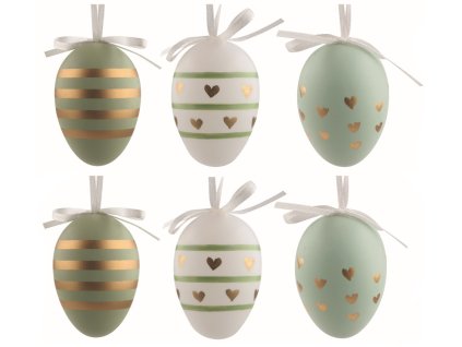 Velikonoční vejce plastová Zlatá srdíčka 6 cm na zavěšení, 6 ks v sáčku