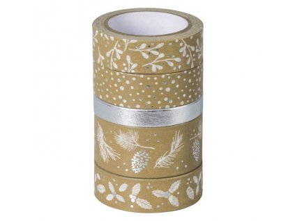 Samolepicí papírová washi páska, sada - Vánoce stříbrné (5ks)