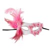 half face mask in white and pink plastic w roses and feather decorations w header