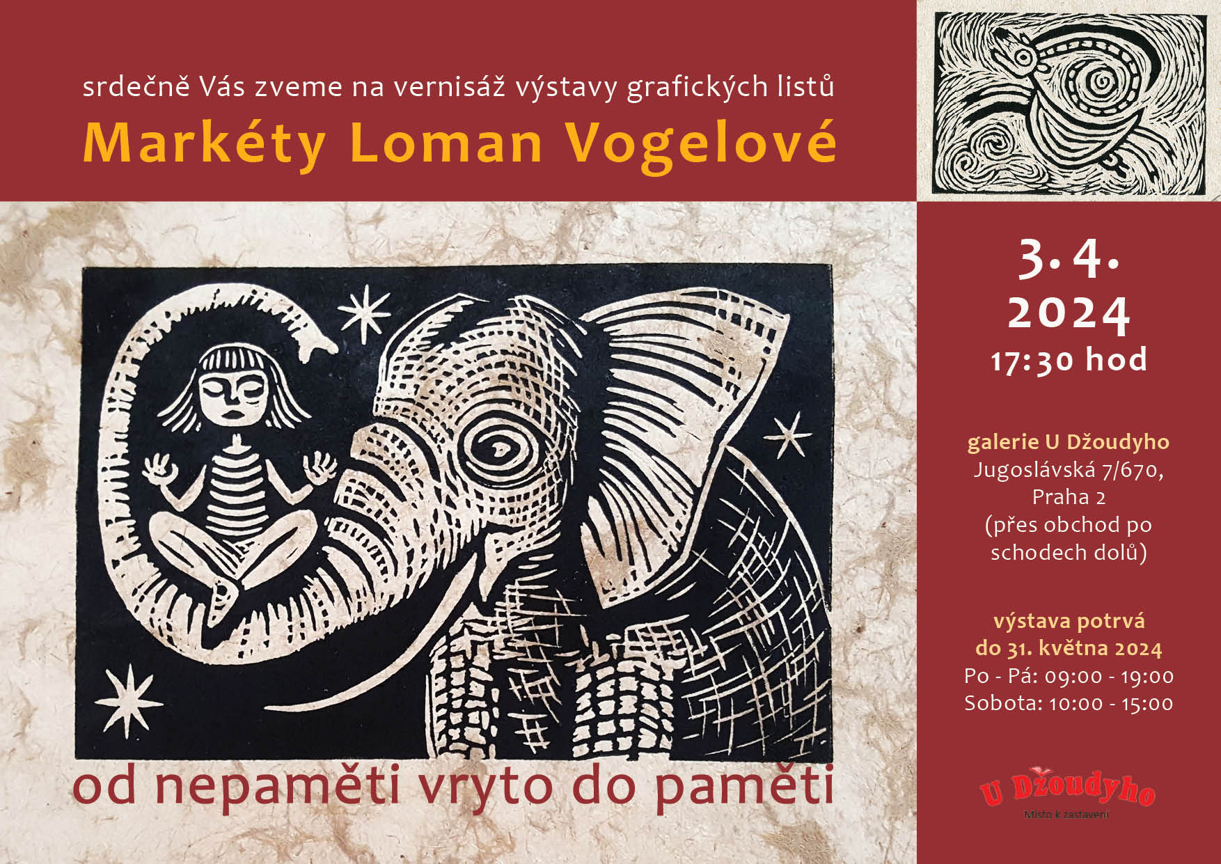 Pozvánka na vernisáž výstavy grafických listů Markéty Loman Vogelové