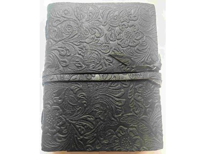 Kožený deník černý - Kytičky (velký L, ruční papír)