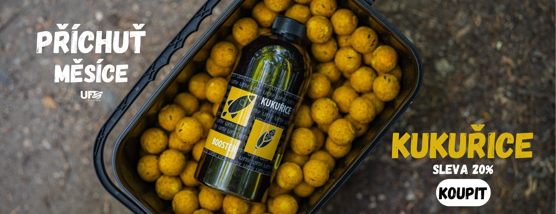 Kukuřice - příchuť měsíce května. Boilies žluté barvy v kyblíku.