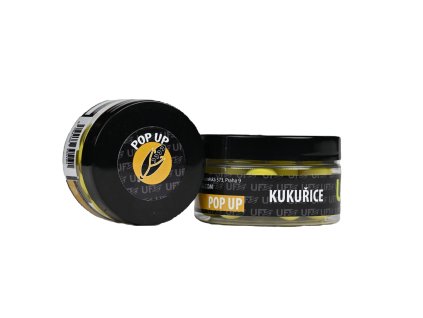 Plouvoucí boilies pop up Kukuřice v průhledné dóze s etiketou na boku.