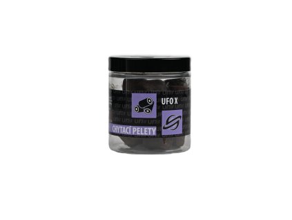 Dipované chytací pelety UFO X v průhledné dóze s etiketou na boku.