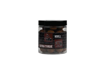 Extra tvrdé boilies Krill v průhledné dóze s etiketou na boku.