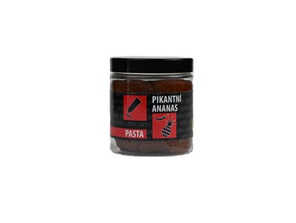 Obalovací pasta Pikantní ananas v průhledné dóze s etiketou na boku.