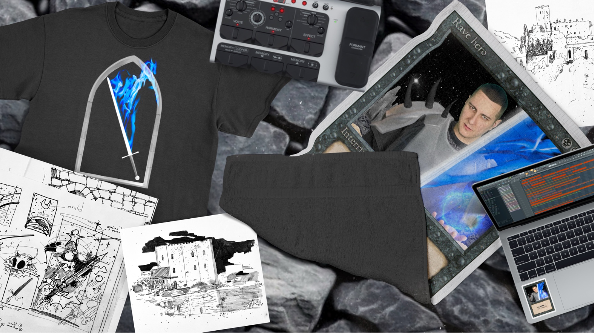 triko s mečem co hoří. středověký motiv. merch. oblečení. voodoo808 hypno808