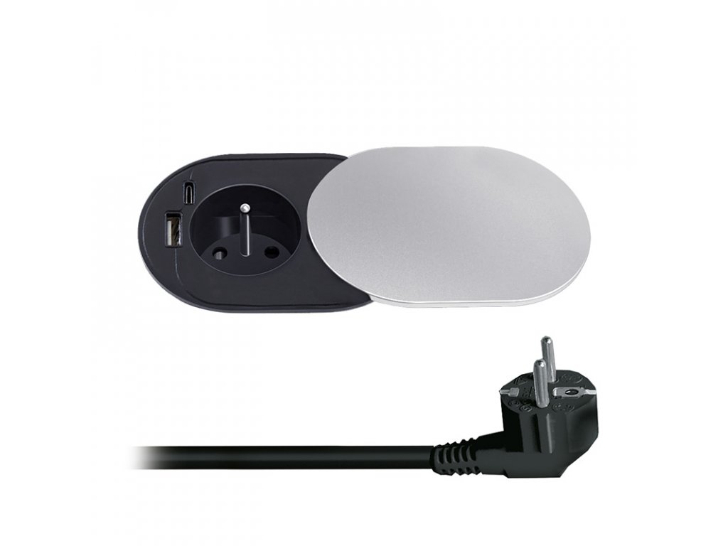 Solight vestavná zásuvka s posuvným víčkem, USB A+C nabíječka, 2m, stříbrná  - U Foťáka