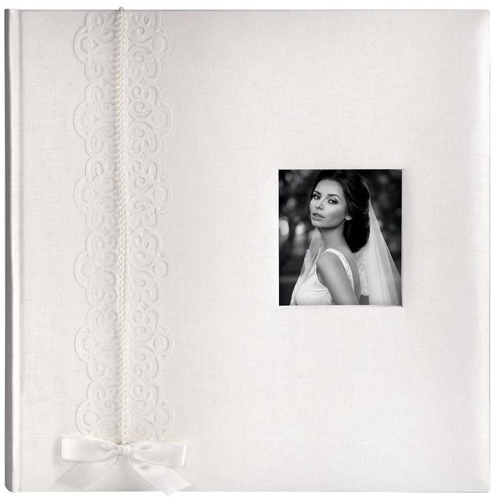 Svatební fotoalbum na růžky 100 stran - LUNA bílá s okénkem - šmouha