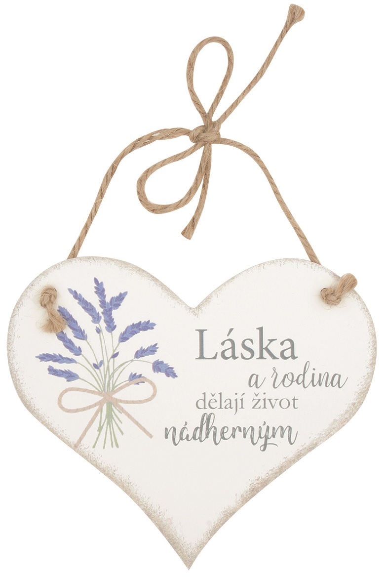 Levně ANDĚL PŘEROV CEDULKA Srdce dřevěné bílé Láska a rodina... 14x12 cm