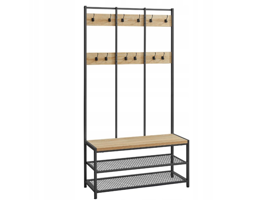 Kovová předsíňová stěna STAGE 184 cm v černé barvě s dekorem dub sonoma