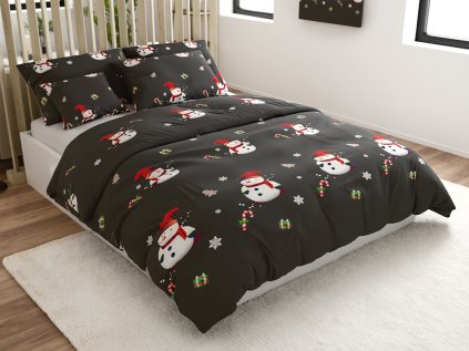 Povlečení BÍLÝ SNĚHULÁK černé – vánoční mikrovlákno