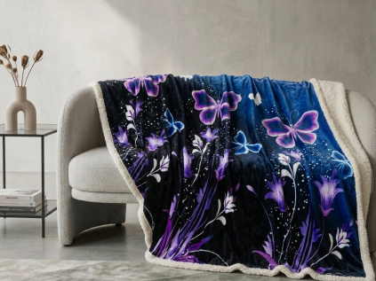 Měkká mikroplyšová beránková deka VIOLET BUTTERFLY tmavě modrá