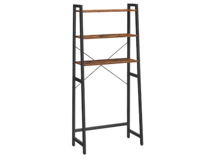 Regál nad toaletu TAYLOR – Praktický koupelnový regál s 3 policemi, hnědý dekor a černý kovový rám, výška 156 cm.