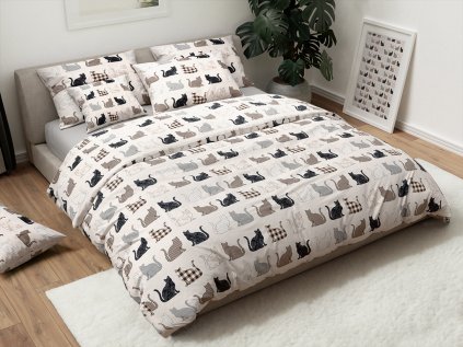 Povlečení z Renforcé bavlny PATTERNED CATS béžové s motivem koček