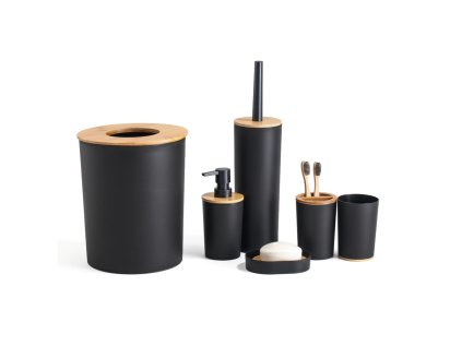 Plastový koupelnový set HERZBERG 6 ks černý s elegantními bambusovými detaily