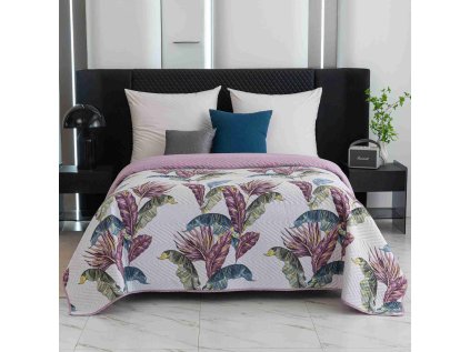Luxusní přehoz na postel TROPIC bílý / růžový s tropickým vzorem
