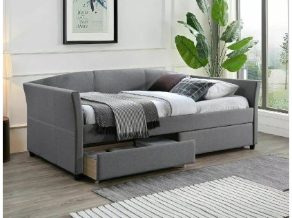 Elegantní postel LANTA 90x200 cm v šedé látce s praktickým šuplíkemným prostorem