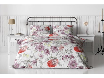Bílé povlečení FONZIE z krepu s barevnými květy