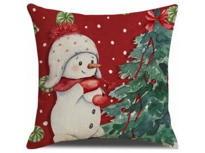 Vánoční povlak na polštář SNOWMAN červený 45x45 cm se sněhulákem