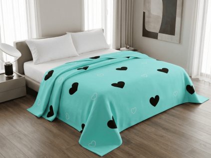 Designový přehoz na postel CORAZON BLEND modrý se srdíčky