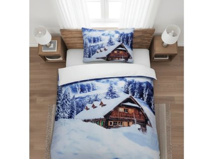 Zimní povlečení WINTER CHALET 3D efekt – sněhová krajina a dřevěná chata