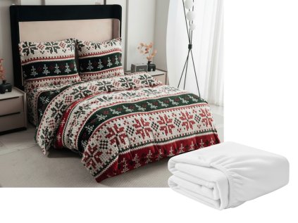 Sada 2ks mikroplyšového povlečení FROSTED CHRISTMAS barevné + prostěradlo mikroplyš SOFT 180x200 cm bílé, dvoulůžko