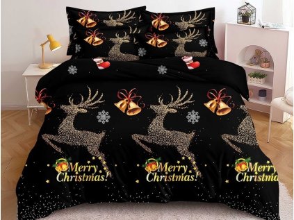 Vánoční povlečení z mikrovlákna STARLIT DEER černé s jelenem a zvonečky