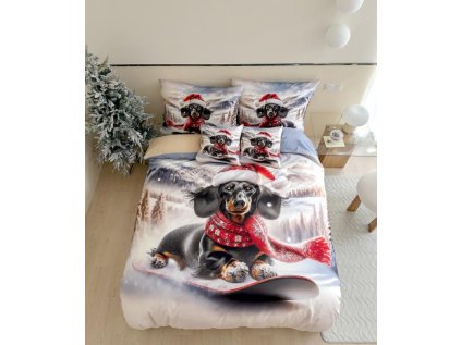 Barevné vánoční povlečení FROSTY RIDER s pejskem na snowboardu