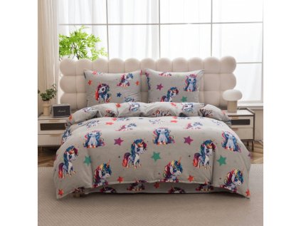 Mikroplyšové povlečení CUTE UNICORN – šedé s roztomilým jednorožcem a hvězdami