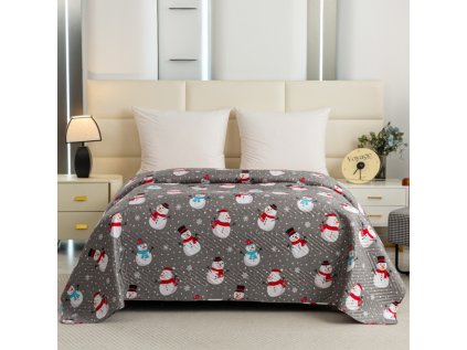 Šedý přehoz HAPPY SNOWMAN s motivem sněhuláků