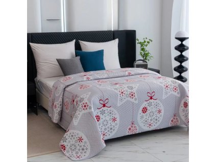 Přehoz CHRISTMAS DECOR šedý s hvězdami a baňkami