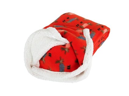 Hřejivá beránková deka BUFFALO DEER červená s vánočním motivem