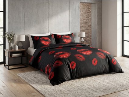 Černé povlečení z mikrovlákna RED KISS s červenými rty
