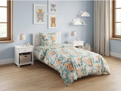 Barevné povlečení z mikrovlákna PUPPIFLORA se štěňátky a květinami