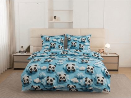 Povlečení z mikrovlákna SKY PANDA modré s pandami a obláčky