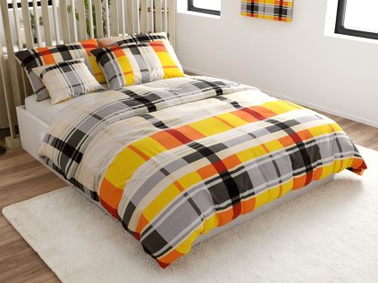Krepové povlečení z Renforcé bavlny ORANGE KUBE barevné s moderním kostkovým vzorem
